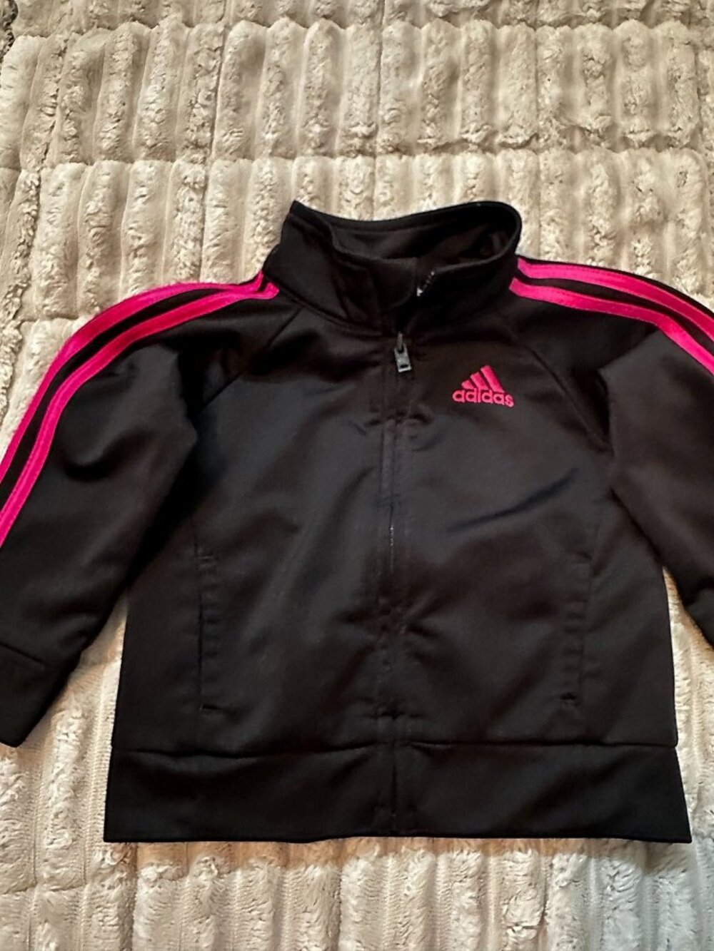 Adidas Toddler Track Jacket, Black with Pink 3-Stripes, Size 9 Months, Full Zip